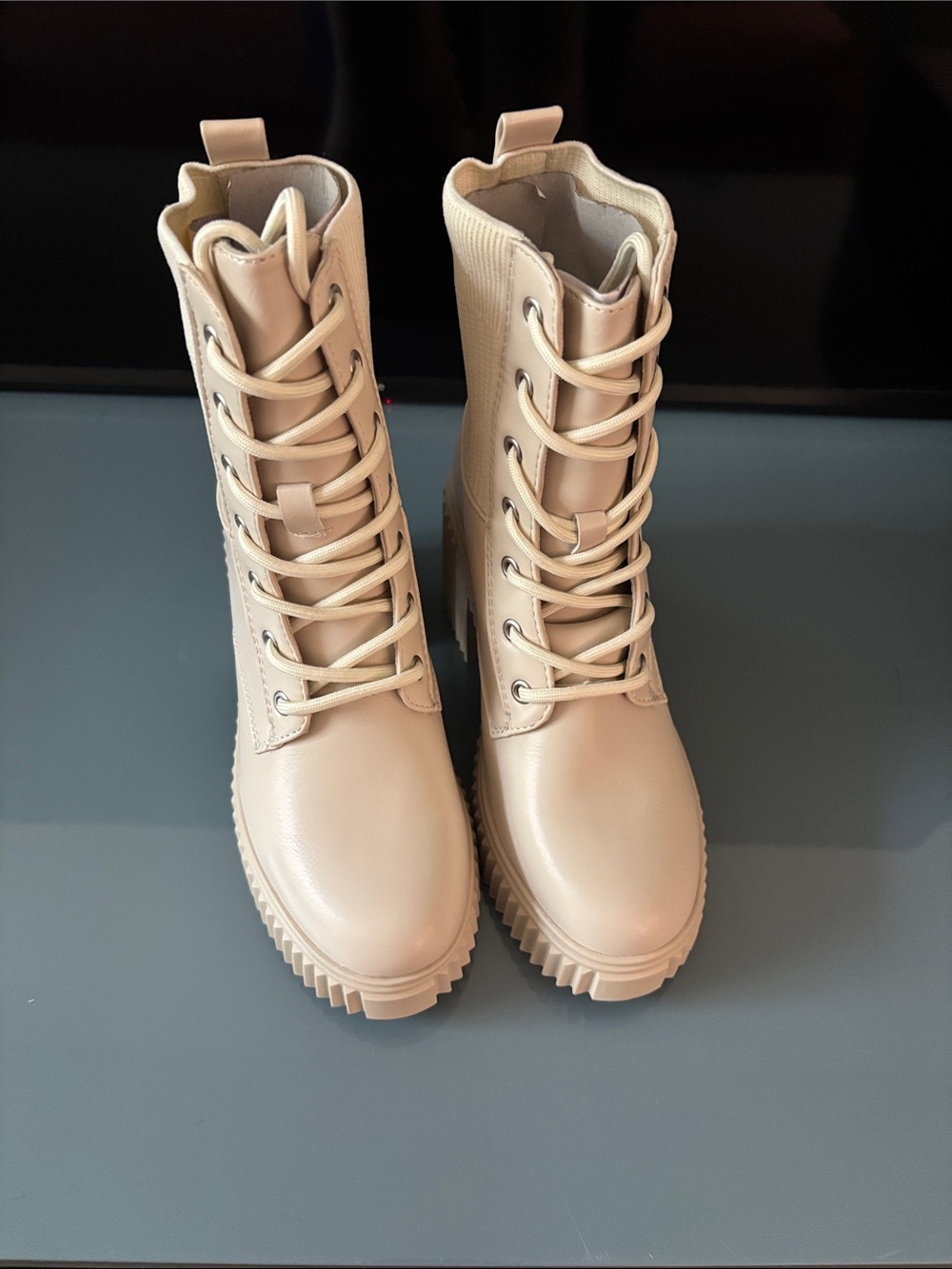 Fashion Nova Beige Lace-Up Combat Boots